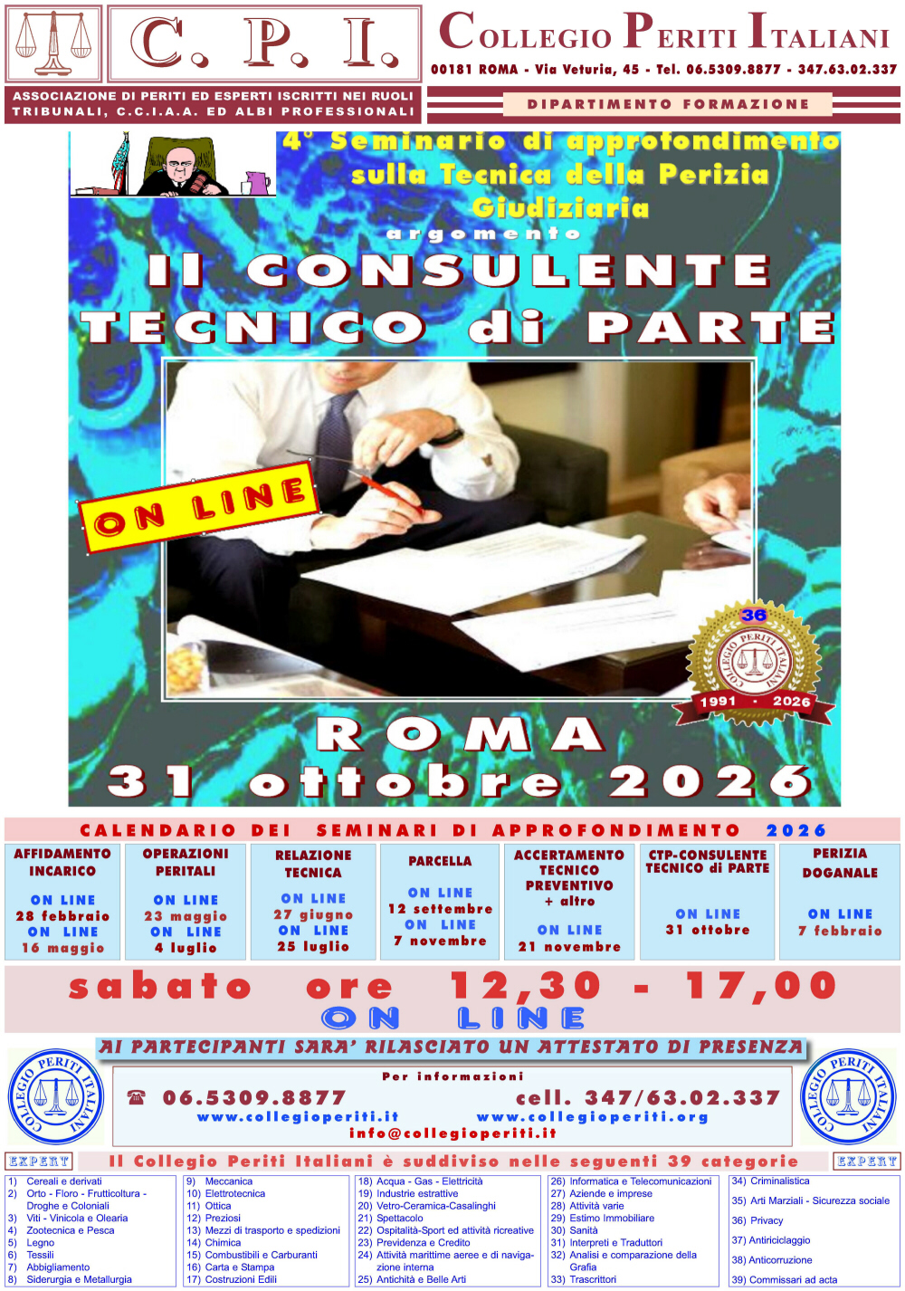 CTP-Consulente Tecnico di Parte-ON LINE-sabato 31 ottobre 2026-12,30-17,00